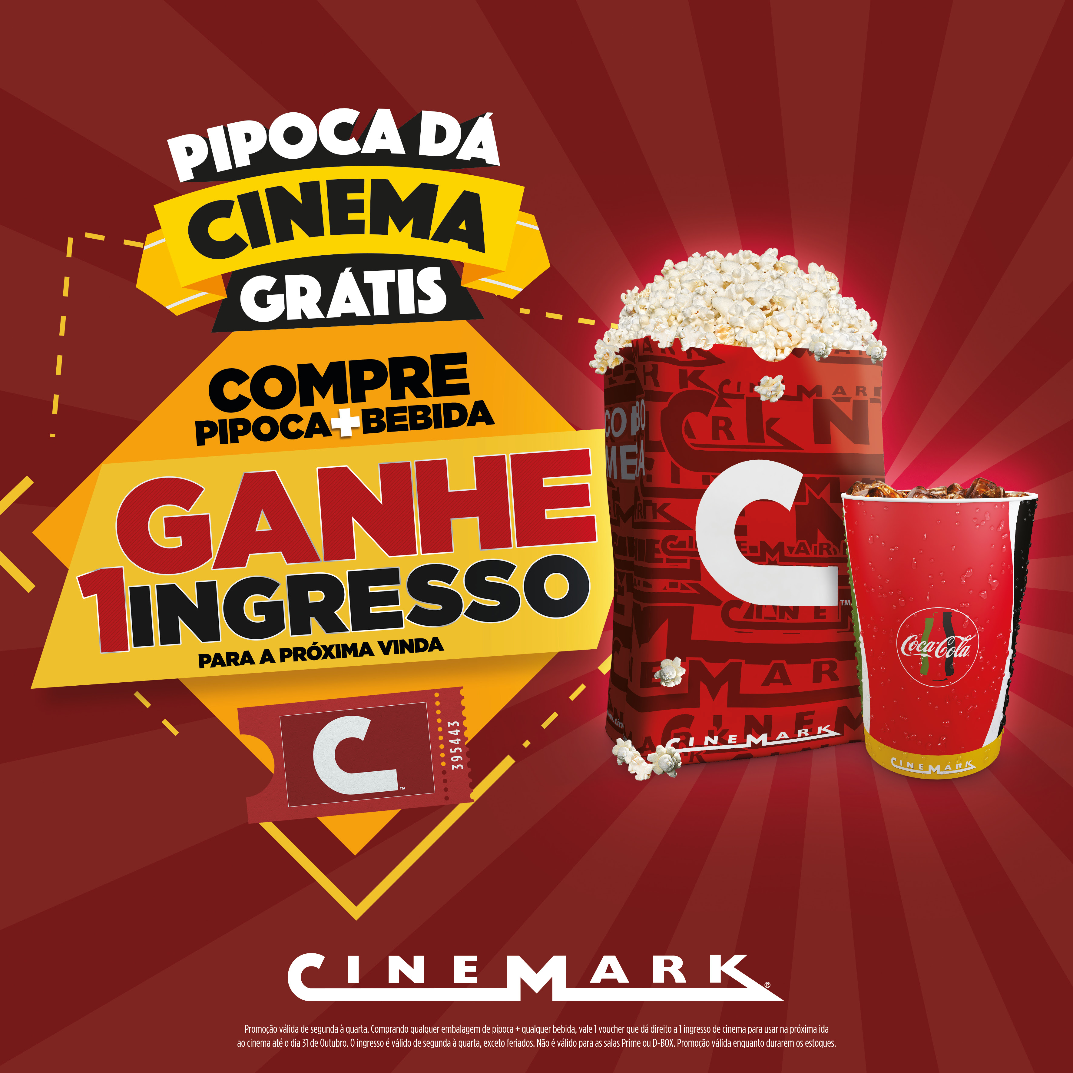 Promoção na Rede Cinemark oferece ingresso grátis na compra de pipoca